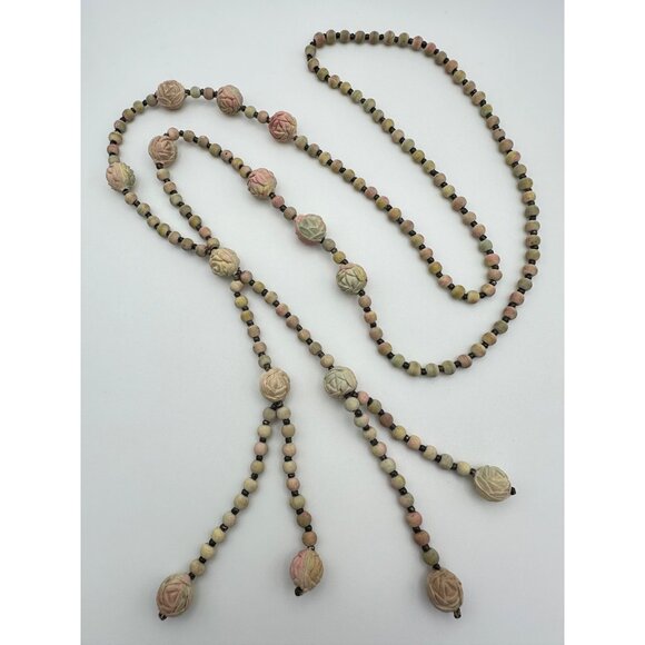 Antique Art Deco real pressed rose petals pink beaded sautoir tassel necklace